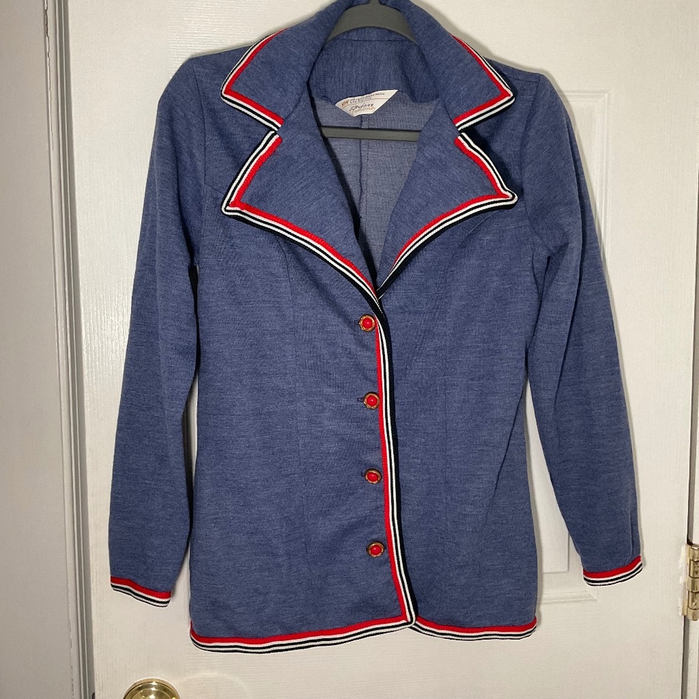 VINTAGE JCPenney Fashions Blue, Red, White and Black Collared Cardigan